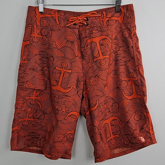 The North Face Board Shorts Swim Trunks Orange Anchors Waves Print | Men's 32 - Picture 1 of 14